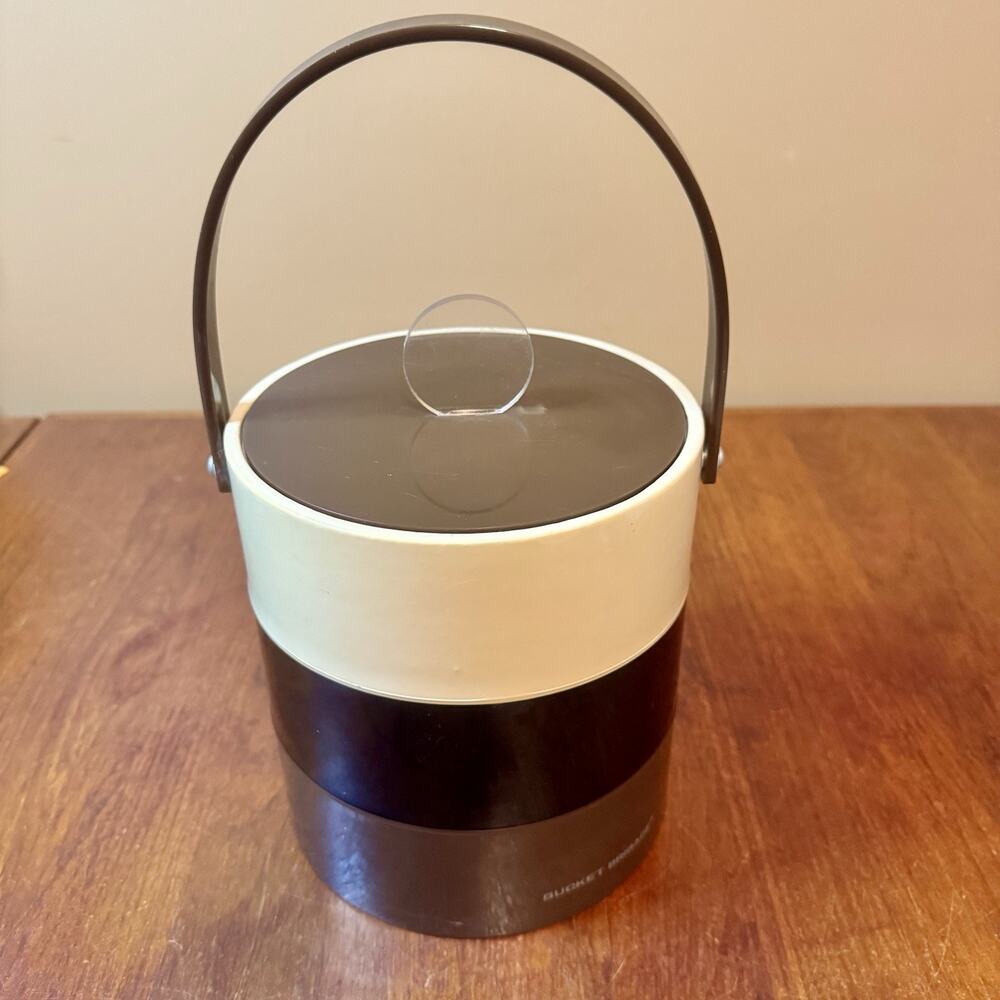 Vintage Retro Morgan Designs Bucket Brigade Ice Bucket Brown Cream Acrylic Lid.